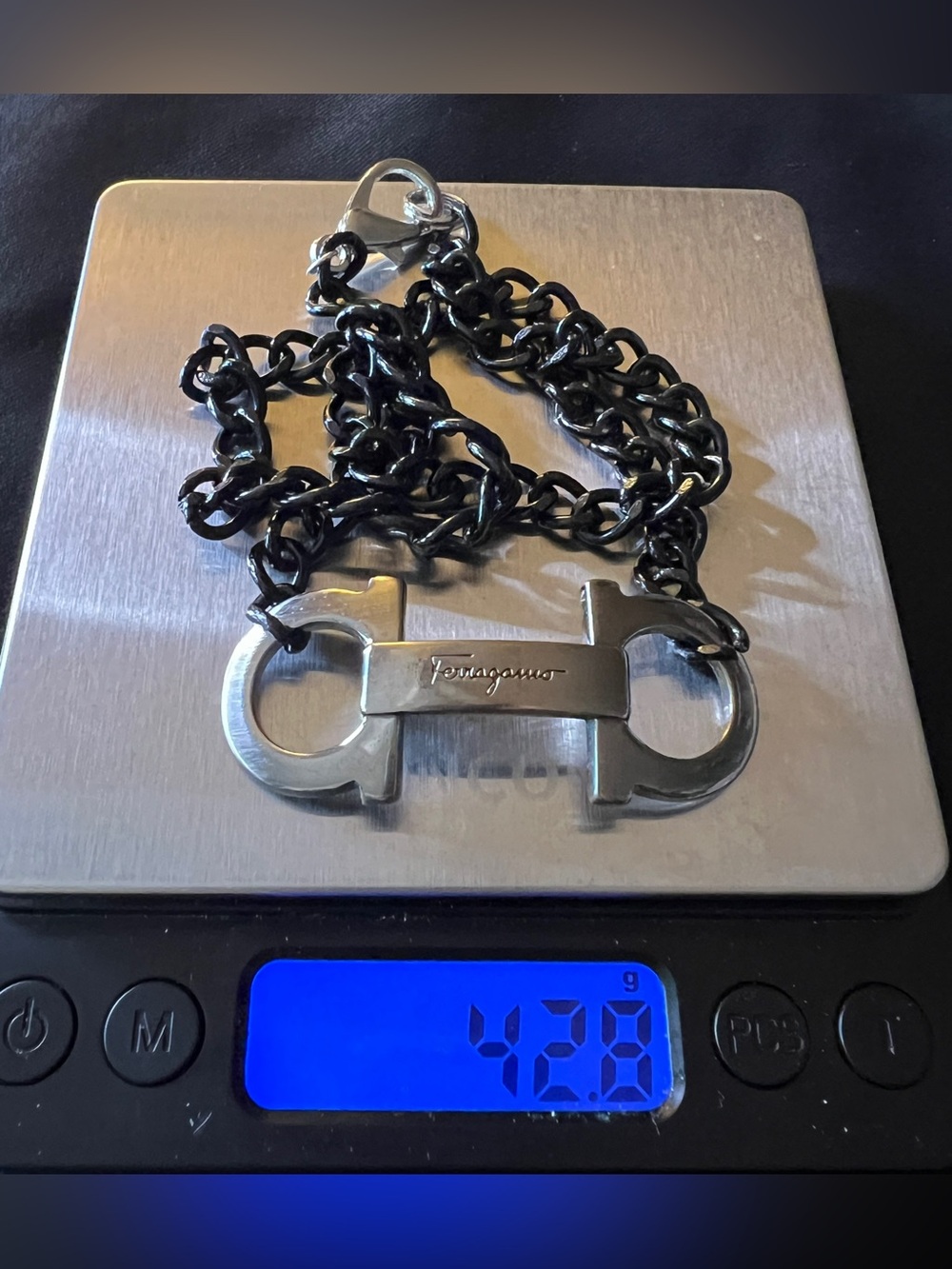 Men’s Ferragamo Gunmetal Black Stainless Chain Necklace 20” - Picture 3 of 11